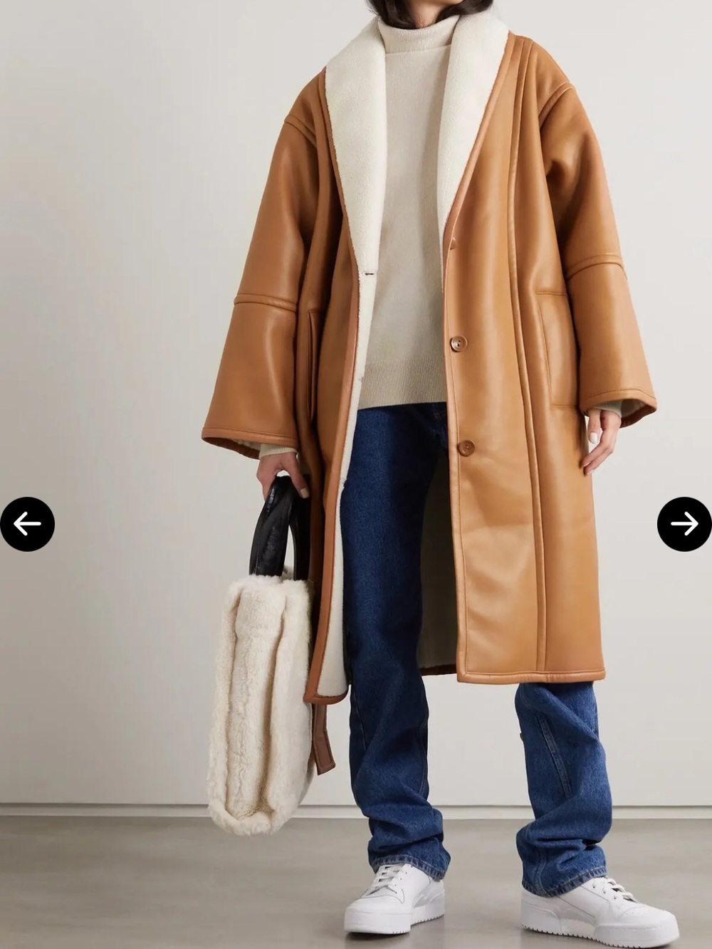 NWOT Stand Studio Dolores Camel Shearling-Trim Faux Leather Coat size 32